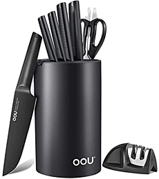 OOU Kitchen Knife Block Set - 8 Pieces High Carbon Stainless Steel Kitchen Knife Sets, Anti-Rust Black Knife Set with Universal Knife Holder
