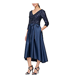 Alex Evenings Women's Satin Ballgown Dress with Pockets (Petite and Regular Sizes), Navy Hi Low, 4