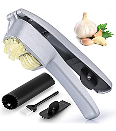 Zulay 2-in-1 Garlic Press Set - Dual Function Garlic Mincer & Slicer - Heavy Duty Easy Squeeze Garlic Crusher with Cleaning Brush & Silicone Garlic Tube Peeler