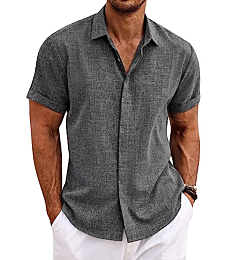 COOFANDY Men's Linen Shirts Short Sleeve Casual Shirts Button Down Shirt for Men Beach Summer Wedding Shirt Dark Grey
