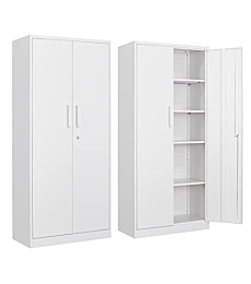 Yizosh Metal Garage Storage Cabinet with 2 Doors and 4 Adjustable Shelves - 71" Steel Lockable File Cabinet,Locking Tool Cabinets for Office,Home,Garage,Gym,School (White)