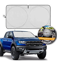 Car Windshield Sun Shade, for SUV, Truck and Van with Bonus Steering Wheel Sun Shade, 210T Reflective Sunshades, Folding Sun Shield for Car Windshield Keep Vehicle Cool (Large 65.7 x 36.4 inches)