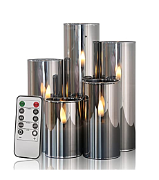 Eywamage 5 Pack Slim Grey Glass Flameless Pillar Candles Batteries Included, Flickering LED Candles with Remote D 2" H 3" 4" 5" 6" 7"