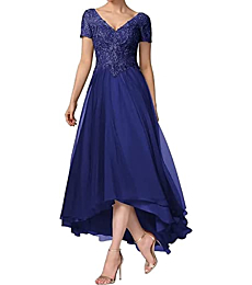 Short Sleeves Mother of The Bride Dresses for Women Lace Appliques V Neck High-Low Formal Wedding Party Prom Dress Royal Blue