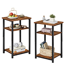 WLIVE Side Tables Set of 2, Small End Table, Adjustable 3-Tier Bedside Table with Sturdy Metal Frame, Tall Nightstand for Bedroom, Living Room, Sofa Table for Small Space, Rustic Brown