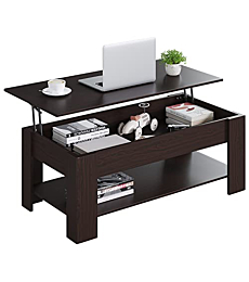 JUMMICO Lift Top Coffee Table with Storage Shelf and Hidden Compartment, Modern Wood Lift Tabletop Dining Table for Living Room and Office (Deep Brown, 48 inch)