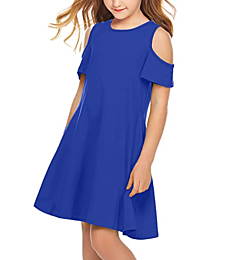 Arshiner Cold Shoulder Dresses for Girls Short Sleeve Solid Color Casual Sundress with Pockets Blue 6-7 Years