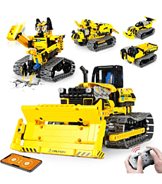 LECPOP Remote Control Building Kit, 5-in-1 STEM Projects RC Bulldozer /Robot /Dump Trucks for Kids Ages 8-12, Construction Blocks Engineering Toys, Ideal Christmas Xmas Gifts for Boys & Girls