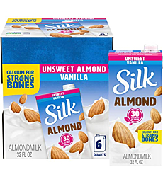 Silk Shelf-Stable Almond Milk, Unsweetened Vanilla, Dairy-Free, Vegan, Non-GMO Project Verified, 1 Quart (Pack of 6)