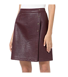 Tagoo Faux Leather Skirts for Women High Waisted Mini Skirt for Work Business Casual Pleather A Line Knee Length Wrap Skirt Maroon