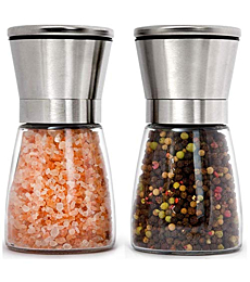 HOME EC Premium Stainless Steel Salt and Pepper Grinder Set of 2 - Adjustable Ceramic Sea Salt Grinder & Pepper Grinder - Glass Salt and Pepper Shakers - Pepper Mill & Salt Mill W/Funnel & EBook