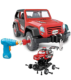 FYD 2in1 Take Apart Jeep Car STEM Learning Assembly Playset with Functional Battery-Powered Drill - Early Childhood Developmental Skills Construction Toy for Boys Kids Aged 3 and up