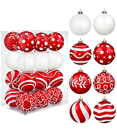 MCEAST 24 Pieces Christmas Ball Ornaments Painting & Glittering Christmas Tree Pendants Shatterproof Decorative Baubles in 8 Patterns for Christmas Tree Decorations, Red and White
