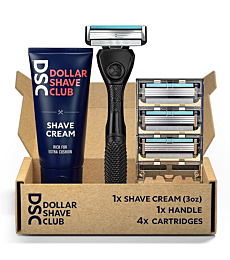 Dollar Shave Club 4-Blade Razor Starter Set, 1 Handle, 4x4-blade Cartridges, 3oz Shave Cream, Silver/Blue