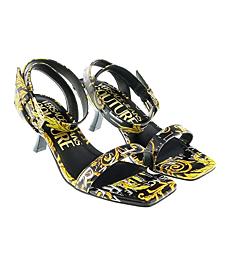 Versace Jeans Couture Black Gold Baroque Print Mid Heel Sandals-5.5 for womens