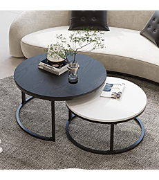 WiberWi Round Coffee Table, Nesting Tables Set of 2, Large : Ø 34.0", Small : Ø 26.0", Modern Design Furniture Side End Table for Living Room, Metal Frame Sofa Table Cocktail Table, Black & White
