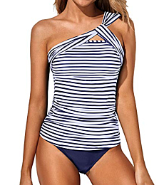 Tempt Me White Blue Stripe Two Piece Tankini Bathing Suits for Women One Shoulder Swim Top with Shorts Swimsuits M