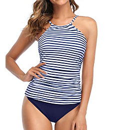 Tempt Me Women Blue Stripe Two Piece High Neck Tankini Swimsuit Tummy Control Top with Bottom Bathing Suits L
