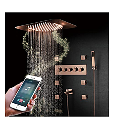 Music Shower System 64 Colors LED Shower Combo Set Thermostatic Bathroom Shower Faucet Set Rose Gold Bluetooth Smart Musical Shower Set with 22.8*14.9 Inches Shower Head, 6pcs 2 Inches Body Spray Jets
