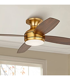 Casa Vieja 52" Elite Modern Hugger Low Profile Indoor Ceiling Fan with Light LED Remote Control Soft Brass Walnut Brown Opal Glass for House Bedroom Living Room Home Kitchen Dining Office
