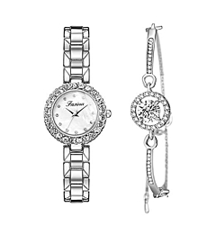 Clastyle Rhinestones Women Silver Watch and Bracelet Set Elegant Mother of Pearl Dial Small Wrist Watches Gift for Her