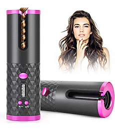 Cordless Automatic Hair Curler, Ceramic Rotating Wireless Auto Curling Iron Wand, Portable USB Rechargeable Spin Curler for Hair Styling (Grey)