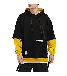 Hoodie Mens Hooded Sweatshirt Patchwork Casual Pullover Crew Neck Contrast Color with Pocket(Yellow,5XL)