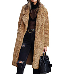 Angashion Women's Fuzzy Fleece Lapel Open Front Long Cardigan Coat Faux Fur Warm Winter Outwear Jackets Dark Camel S