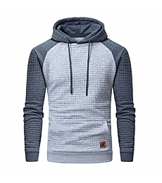Men's Pullover Hoodies Plaid Jacquard Long Sleeve Drawstring Hipster Casual Hooded Sweatshirts with Kanga Pockets Lightgrey/Grey L