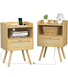 SUPERJARE Nightstands Set of 2, Rattan Nightstands with Charging Station & PE Rattan Decor Drawer, Bed Side Tables with Solid Wood Feet, End Table, Night Stands, for Bedroom, Dorm - Natural