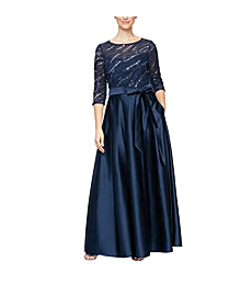 Alex Evenings Women's Satin Ballgown Dress with Pockets (Petite and Regular Sizes), Navy Silver, 4