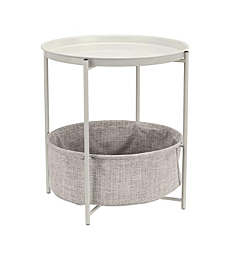 Amazon Basics Round Storage End Table, Side Table with Cloth Basket - White/Heather Gray, 19 x 18 x 18 Inches