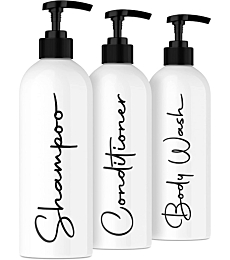 Alora 16oz Refillable Shampoo and Conditioner Dispenser Bottles - Set of 3 - Stylish Labels - Pump Bottle Dispenser for Shampoo, Conditioner, Body Wash - Empty Plastic Refillable Containers for Shower