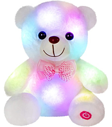 Adorable white teddy bear glowing softly with colorful LEDs