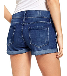 High-waisted, stretchy denim shorts with a folded hem and rips.