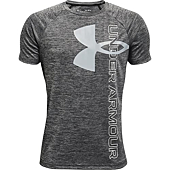 Under Armour boys Tech Split Logo Hybrid Short-Sleeve T-Shirt , Black (001)/White , Youth Small