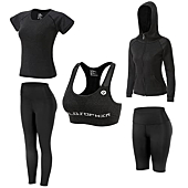 JULY'S SONG Women Workout Set Exercise Outfits for Yoga Gym Upgraded 5 Pieces Athletic Clothes Sweatsuit Tracksuit
