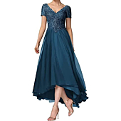 Short Sleeves Mother of The Bride Dresses for Women Lace Appliques V Neck High-Low Formal Wedding Party Prom Dress Teal