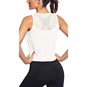 Cropped Workout Tops for Women Mesh Back Womens Workout Tops Flowy Crop Yoga Shirts Running Tank Tops (White, Large)