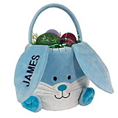 GiftsForYouNow Embroidered Plush Blue Bunny Personalized Easter Basket, Easter Basket for Little Boys, Easter Egg Hunt Tote, Perfect for Toys and Candy, 10" W x 7" H x 9" D