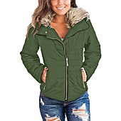 Vetinee Women Casual Faux Fur Lapel Zip Pockets Quilted Parka Jacket Puffer Coat Broute Green Small (Fits US 4-US 6)