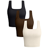 OQQ Women's 3 Piece Tank Tops Ribbed Seamless Workout Exercise Shirts Yoga Crop Tops Black Coffee Beige