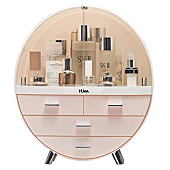 Ihuiniya Makeup Storage Organizer Box，Cosmetics storage display rack with drawer，Waterproof, dustproof, elegant display cabinet，Suitable for bathroom countertop, bedroom dresser (Large Pink)