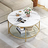 YITAHOME White Marble Round Coffee Table with Glass, Black Coffee Tables for Living Room, 2-Tier Circle Coffee Table with Storage Clear Coffee Table, Simple Modern Center Cocktail Table, White & Gold