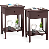 Homykic Nightstands Set of 2, Bamboo Solid Wood Bedside Table Night Stand with Drawer and Storage Shelf, Accent End Table Side Table for Bedroom, Living Room, Space Saving, Easy Assembly, Espresso