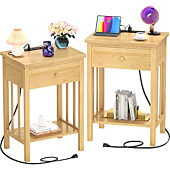 Homykic Nightstand with Charging Station, Bamboo Nightstands Set of 2, Wood Bedside Table with USB Ports and Outlets, End Table Side Table with Drawer and Storage Shelf for Bedroom, Natural
