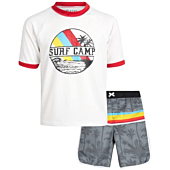 iXtreme Boys' Rash Guard Set - 2 Piece UPF 50+ Quick Dry Swim Shirt and Bathing Suit (12M-18), Size 24 Months, Grey/Red Surf Camp