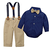 Baby Toddler Boy Formal Gentleman Suits,Dress Long Blue Shirt with Bowtie+Suspender Pants Dressy Outfit (3136Blue, 3-6 Months)