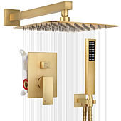 Holispa Gold Shower System, Shower Faucet Set with 10-Inch Rain Shower Head and Handheld, Wall Mounted High Pressure Shower Head Set, Shower Combo Set with Shower Valve and Shower Trim, Brushed Gold