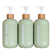 OLLIES Shampoo and Conditioner Dispenser, Shower Soap Dispenser for Bathroom-Set of 3 with Permanent Stylish Label-17oz, 500ml Refillable Shampoo and Conditioner Bottles